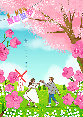 전신 PSD 나무 여자 남자 꽃 줄 분홍색 일러스트 집게 사랑 서기 초원 성인 두명 장식 손잡기 봄 풍차 벚꽃 춤 벚나무 진달래 폴라로이드사진 성인만 국내일러스트 식물 계절 감정 컬러 모션 문화예술 사람 폴라로이드 파일형식