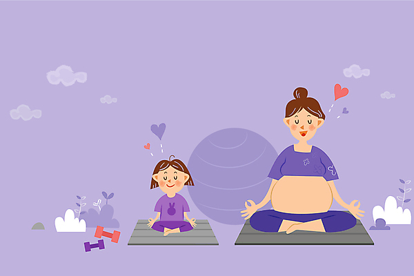 전신 구름 여자 딸 어린이 일러스트 모녀 엄마 앉기 소녀 성인 두명 눈감음 보라색 임산부 임신 아령 매트 하트 풀 짐볼 임산부요가 여자만 국내일러스트 AI파일 자연요소 모양 식물 컬러 요가 가족 모션 사람 파일형식 벡터