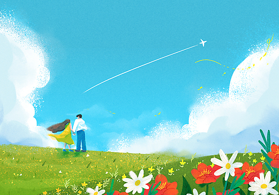 전신 PSD 식물 구름 커플 여자 남자 꽃 하늘색 일러스트 하늘 비행기 서기 초원 성인 두명 손잡기 봄 비행운 성인만 국내일러스트 자연요소 계절 관계 항공교통 모션 대중교통 사람 파란색 파일형식 구름_자연