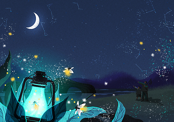 전신 PSD 남자 어린이 잎 여러마리 일러스트 서기 들기 소년 성인 두명 여름 별자리 달 등불 랜턴 남색 은하수 채집망 반딧불이 부자지간 남자만 국내일러스트 자연요소 식물 계절 아들 컬러 다수 곤충 가족 모션 자연 조명 사람 아빠 파일형식