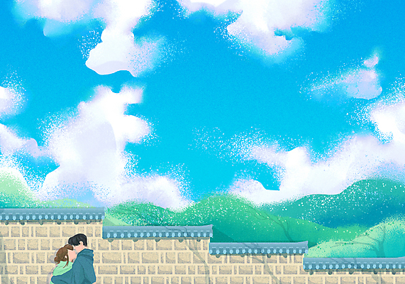 PSD 구름 커플 여자 남자 일러스트 포옹 하늘 산 돌담 상반신 성인 두명 마주보기 봄 산책 돌담길 성인만 국내일러스트 자연요소 계절 길 관계 안기 모션 휴식 사람 담장 돌_바위 파일형식