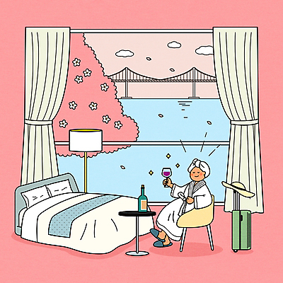 전신 구름 모자 여자 여유 바다 분홍색 와인잔 의자 일러스트 호텔 한명 들기 앉기 성인 바캉스 와인 캐리어 봄 벚꽃 침대 스탠드 목욕가운 커튼 봄여행 가교 성인여자한명만 호캉스 국내일러스트 AI파일 자연요소 1 건축물 잡화 계절 꽃 감정 컬러 여행 가구 술잔 모션 숙소 휴가 조명 주류 사람 여행가방 가운 여자한명만 성인여자만 파일형식 벡터