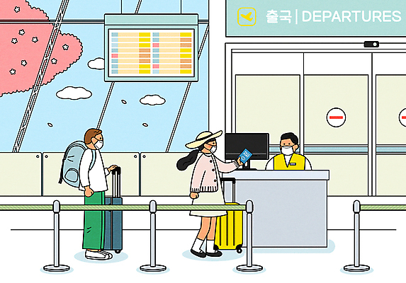 전신 모자 여자 남자 해외여행 가방 일러스트 마스크 들기 안전 상반신 성인 세명 모니터 캐리어 봄 벚꽃 잡기 공항 여권 봄여행 설렘 출국 출국심사 성인만 국내일러스트 AI파일 해외 잡화 계절 꽃 여행 교통시설 모션 사람 컴퓨터 여행가방 파일형식 벡터