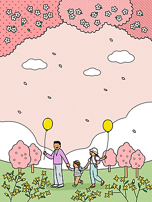 전신 구름 여자 남자 어린이 분홍색 일러스트 가족 가족여행 산 소년 초원 성인 세명 소풍 손잡기 봄 벚꽃 잡기 개나리 풍선 봄여행 국내일러스트 AI파일 자연요소 계절 꽃 컬러 여행 관계 모션 사람 야외활동 파일형식 벡터