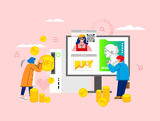 전신 구름 여자 남자 화살표 분홍색 일러스트 돋보기 그래프 상반신 성인 세명 컴퓨터 모니터 동전 쇼핑카 하트 가리킴 작가 작품 투자 디지털산업 QR코드 넣기 동전탑 아티스트 디지털아트 성인만 NFT 국내일러스트 AI파일 자연요소 모양 직업 산업 컬러 돈 비즈니스 모션 미술 사람 손짓 전자제품 쇼핑 쌓기 디지털 카트 파일형식 벡터 가상화폐