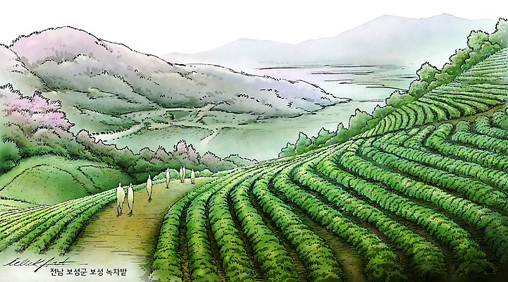 PSD 나무 여행 일러스트 붓터치 수채화 산 여러명 관광지 여행객 군중 숲 녹차 전라도 전라남도 동양화 번짐 녹차밭 국내여행 보성 핫플레이스 국내일러스트 식물 다수 밭 한국 미술 사람 차_음료 장소 파일형식 효과