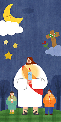 전신 PSD 나무 구름 여자 남자 꽃 별 기독교 어린이 십자가 일러스트 촛불 밤하늘 함께함 서기 들기 소녀 소년 성인 세명 빛 예수 하나님 야간 초승달 남색 국내일러스트 자연요소 식물 종교 컬러 컨셉 초 모션 하늘 사람 달 신_종교 파일형식