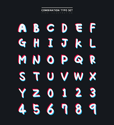 알파벳 영어 일러스트 대문자 타이포그라피 사람없음 세트 숫자 검은색 흰색 잔상 착시효과 조합형타이포 국내일러스트 AI파일 문자 컬러 파일형식 벡터 효과