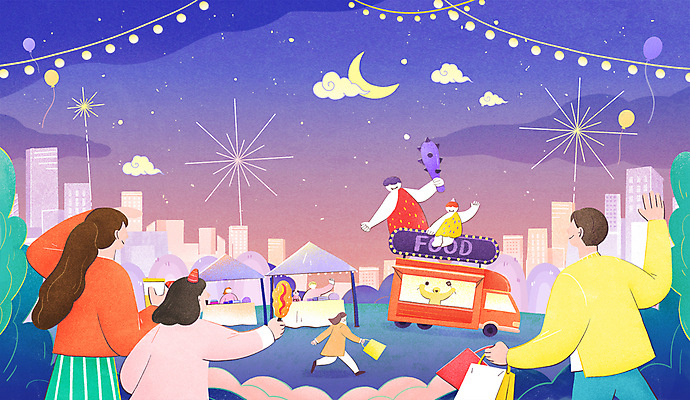 전신 PSD 구름 여자 남자 포스터 별 어린이 야경 일러스트 가족 서울 불꽃놀이 들기 소녀 빌딩 여러명 상반신 성인 쇼핑백 보라색 축제 달 도깨비 풍선 핫도그 가랜드 야시장 조명장식 푸드트럭 지역축제 대한민국축제 국내일러스트 자연요소 음식 컬러 다수 가방 관계 모션 놀이 조명 한국 패스트푸드 사람 건물 장식 트럭 시장 야간 파티용품 파일형식 풍경_경치