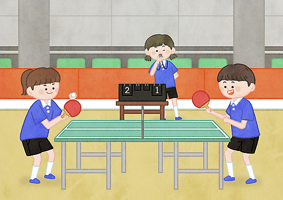 전신 PSD 여자 남자 어린이 일러스트 서브 서기 들기 소녀 경기 소년 세명 경쟁 탁구채 심판 불기 탁구 호루라기 뒷짐 준비자세 탁구공 탁구대 점수판 탁구장 어린이만 국내일러스트 스포츠 포즈 컨셉 공 스포츠시설 모션 사람 구기 라켓 탁구용품 준비 파일형식