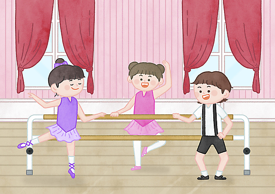 전신 PSD 여자 남자 어린이 허리손 일러스트 창문 소녀 소년 세명 잡기 커튼 발레 발레리나 발레복 발레동작 다리들기 발레리노 발레바 발레수업 발레연습 발레옷 연습실 어린이만 국내일러스트 옷 포즈 모션 사람 춤 연습 파일형식