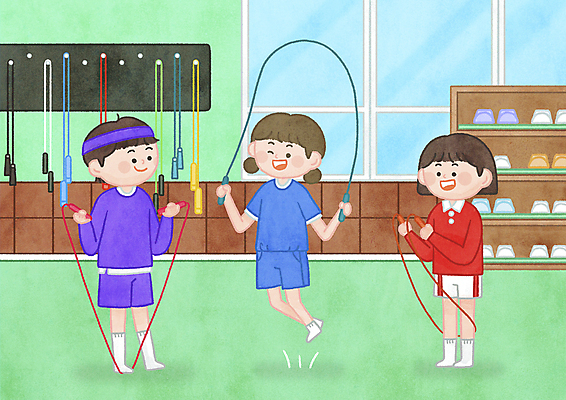 전신 PSD 여자 남자 어린이 일러스트 창문 서기 소녀 소년 세명 운동복 점프 잡기 서랍장 체육관 줄넘기 체육복 신발장 어린이만 국내일러스트 옷 가구 모션 사람 운동 체육 파일형식