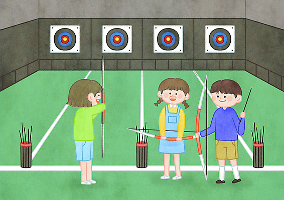 전신 PSD 여자 남자 어린이 일러스트 서기 들기 소녀 소년 세명 과녁판 활 양궁 준비자세 활쏘기 양궁과녁 화살통 어린이만 양궁장 국내일러스트 스포츠 포즈 스포츠시설 모션 통 사람 준비 파일형식