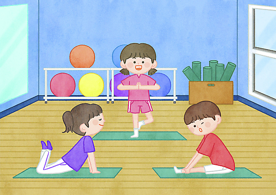 전신 PSD 여자 남자 어린이 일러스트 요가 창문 서기 앉기 소녀 소년 세명 운동복 스트레칭 요가자세 매트 짐볼 체육관 요가복 손모으기 어린이만 국내일러스트 웰빙 옷 포즈 모션 사람 손짓 운동 파일형식