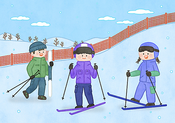 PSD 구름 여자 남자 어린이 겨울 일러스트 하늘 스키 스키장 서기 소녀 소년 세명 눈 잡기 스노우보드 스키복 폴 스키고글 안전펜스 어린이만 스키타기 국내일러스트 자연요소 옷 계절 모션 날씨 겨울스포츠 사람 울타리 보드_스포츠 스키용품 파일형식