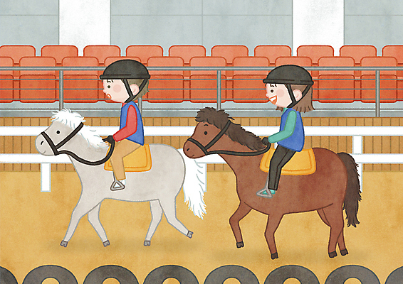 전신 PSD 여자 남자 어린이 일러스트 소녀 소년 두명 말_동물 승마 승차 연습 즐거움 객석 승마장 승마모자 승마복 어린이만 국내일러스트 모자_잡화 감정 스포츠 포유류 모션 사람 파일형식
