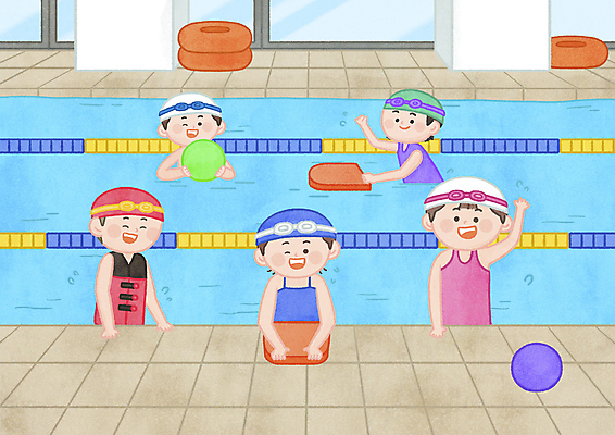 PSD 여자 남자 수영복 어린이 일러스트 공 수영장 윙크 소녀 소년 여러명 상반신 수영 물안경 손인사 구명조끼 수영모 튜브 수영강습 킥판 어린이만 국내일러스트 옷 다수 표정 사람 수상스포츠 인사 수영용품 구조용품 파일형식