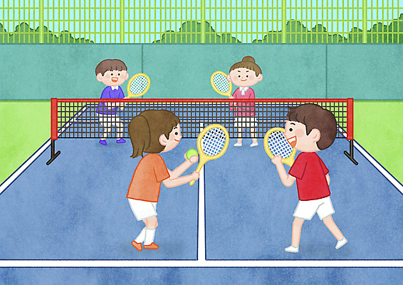 전신 PSD 여자 남자 어린이 일러스트 협력 서브 서기 들기 소녀 경기 소년 여러명 경쟁 테니스 테니스라켓 네트 테니스장 테니스공 테니스복 어린이만 국내일러스트 스포츠 다수 컨셉 공 스포츠시설 모션 사람 운동복 구기 라켓 테니스용품 파일형식