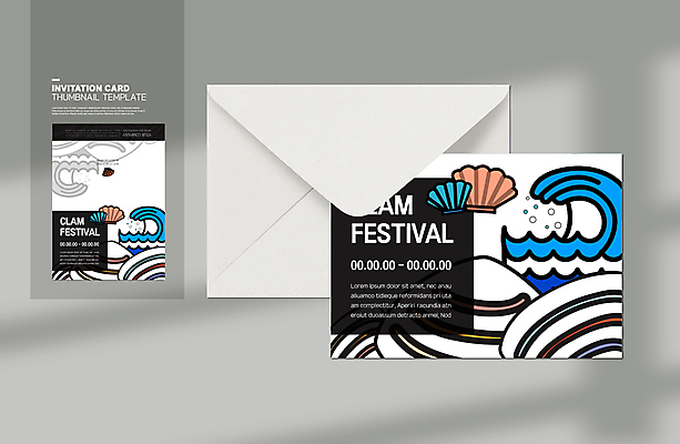 템플릿 파도 카드템플릿 여러마리 조개 편지봉투 사람없음 컬러풀 검은색 축제 흰색 바지락 지역축제 대한민국축제 이미지템플릿 AI파일 카드프레임 바다 컬러 다수 어패류 봉투 카드_감사 프레임 편지 파일형식 벡터