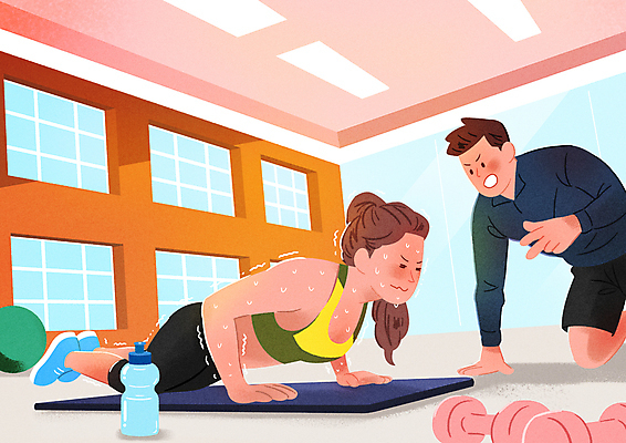 전신 PSD 여자 남자 일러스트 성인 두명 운동복 운동 건강관리 헬스 아령 헬스장 매트 가르침 짐볼 무릎꿇기 물병 집중 트레이너 개인지도 떨림 자기관리 조언 힘듦 성인만 코어운동 땀흘리기 버티다 국내일러스트 옷 교육 컨셉 모션 건강 관리 사람 물통 연습 파일형식