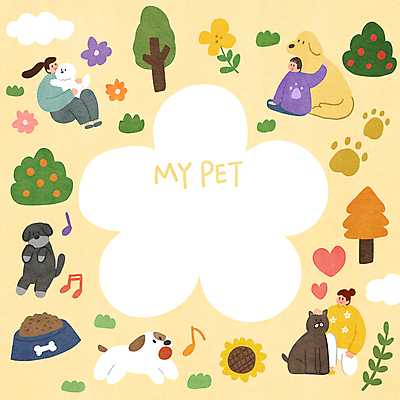 전신 PSD 나무 구름 여자 남자 꽃 반려견 음표 여러마리 일러스트 공 안기 프레임 성인 세명 노란색 산책 하트 강아지 물기 개발자국 개밥그릇 개사료 동물라이프 프레임일러스트 성인만 쓰다듬기 연노랑색 국내일러스트 자연요소 모양 식물 동물 라이프스타일 그릇 기호 음악 컬러 다수 모션 휴식 사람 반려동물 개 먹이 발자국 애견용품 파일형식