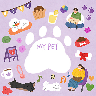 전신 PSD 여자 남자 꽃 반려견 음료 의자 음표 여러마리 일러스트 프레임 앉기 성인 두명 장난감 보라색 하트 강아지 머핀 애견용품 연보라색 가랜드 개발자국 개밥그릇 동물라이프 애견카페 입간판 프레임일러스트 성인만 국내일러스트 반려용품 모양 식물 동물 라이프스타일 그릇 기호 음악 빵 컬러 가구 다수 모션 간판 사람 반려동물 카페 개 발자국 오브젝트 파티용품 파일형식