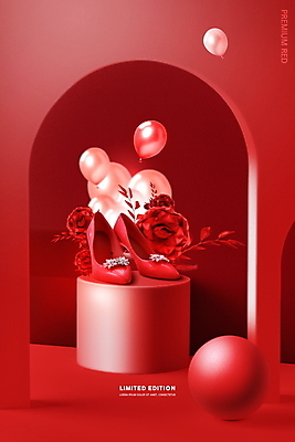 PSD 편집이미지 구두 사람없음 빨간색 쇼핑 장미 공간 원형 아치 원기둥 풍선 단상 한정판매 이미지편집 도형 꽃 컬러 신발 판매 파일형식