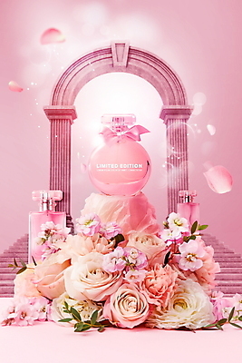 PSD 편집이미지 꽃잎 분홍색 사람없음 쇼핑 뷰티 장미 계단 화장품 향수 아치 돌기둥 향수병 한정판매 이미지편집 꽃 컬러 판매 기둥 병_담는 파일형식