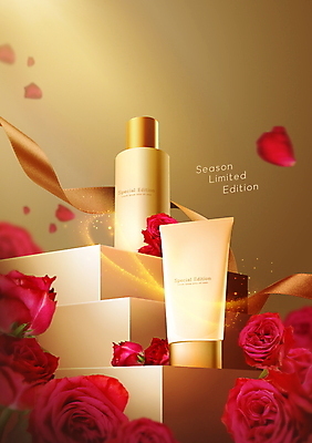 PSD 편집이미지 꽃잎 리본 사람없음 빨간색 쇼핑 장미 세일 계단 화장품 금색 단상 한정판매 이미지편집 꽃 컬러 뷰티 판매 파일형식