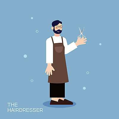 전신 남자 일러스트 수염 직업캐릭터 한명 서기 들기 성인 파란색 앞치마 미용사 미용가위 이발사 성인남자한명만 일러캐릭터 AI파일 직업 캐릭터 1 컬러 모션 가위_도구 사람 미용용품 남자한명만 성인남자만 파일형식 벡터