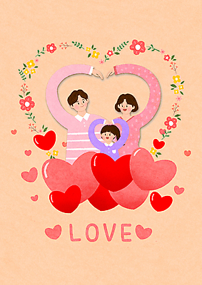 PSD 여자 남자 꽃 딸 행복 어린이 일러스트 가족 엄마 사랑 가족애 웃음 소녀 상반신 성인 세명 주황색 화목 하트 아빠 손하트 국내일러스트 모양 식물 감정 컬러 컨셉 관계 표정 사람 손짓 파일형식