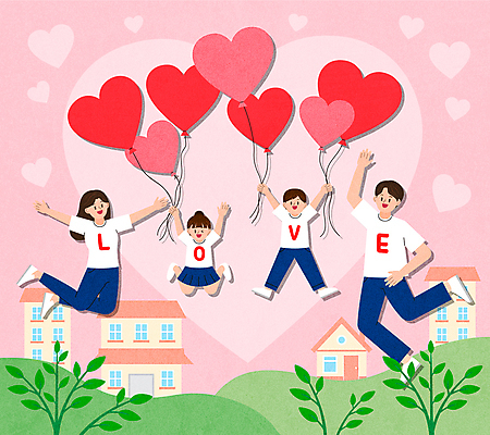 전신 여자 남자 딸 행복 아들 어린이 분홍색 일러스트 가족 엄마 팔벌리기 주택 사랑 가족애 소녀 소년 여러명 성인 손들기 점프 화목 만세 하트 풀 아빠 하트풍선 단체복 단체티 풍선잡기 국내일러스트 AI파일 모양 식물 옷 감정 컬러 다수 컨셉 티셔츠 관계 모션 사람 건물 잡기 풍선 파일형식 벡터