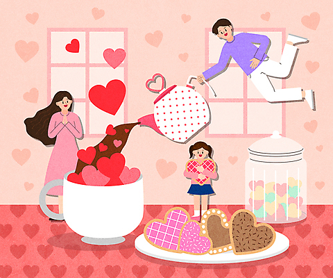 전신 접시 여자 남자 딸 행복 커피 어린이 분홍색 일러스트 창문 가족 엄마 유리병 티타임 휴식 사탕 사랑 가족애 들기 소녀 성인 세명 쿠키 화목 하트 비행 아빠 붓기 차 찻잔 찻주전자 담기 국내일러스트 AI파일 모양 식기 감정 음료 컬러 컨셉 관계 모션 주전자 병_용기 디저트 잔 사람 파일형식 벡터