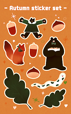 PSD 동물캐릭터 스티커 여러마리 일러스트 곰 팔벌리기 나뭇잎 들기 사람없음 세트 귀여움 주황색 고양이 가을 뱀 밤 여우 도토리 일러캐릭터 동물 캐릭터 계절 컬러 다수 컨셉 잎 포유류 파충류 모션 반려동물 견과류 파일형식