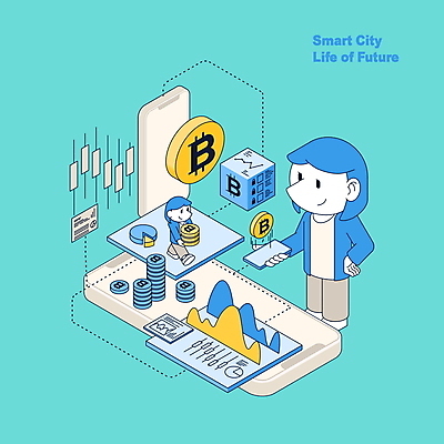 전신 PSD 여자 허리손 하늘색 일러스트 그래프 들기 성인 두명 스마트폰 걷기 연결 동전탑 성인여자만 가상화폐 국내일러스트 포즈 돈 모션 사람 파란색 핸드폰 스마트기기 쌓기 동전 여자만 성인만 파일형식