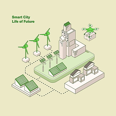 PSD 가로등 일러스트 사람없음 건물 초록색 연두색 스마트폰 그린에너지 풍력에너지 연결 친환경 태양에너지 집열판 택배상자 드론 국내일러스트 건축물 공공시설 컬러 핸드폰 스마트기기 상자 환경 에너지 택배 파일형식