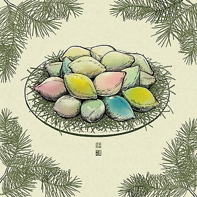 PSD 한국전통 접시 일러스트 프레임 사람없음 도장 전통음식 송편 솔잎 낙관 보테니컬아트 국내일러스트 전통 식기 음식 잎 떡 한국 파일형식