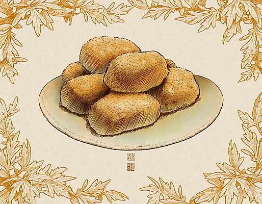 PSD 한국전통 접시 일러스트 나뭇잎 프레임 사람없음 도장 노란색 전통음식 낙관 인절미 콩가루 보테니컬아트 국내일러스트 전통 식기 음식 컬러 잎 떡 한국 가루 파일형식