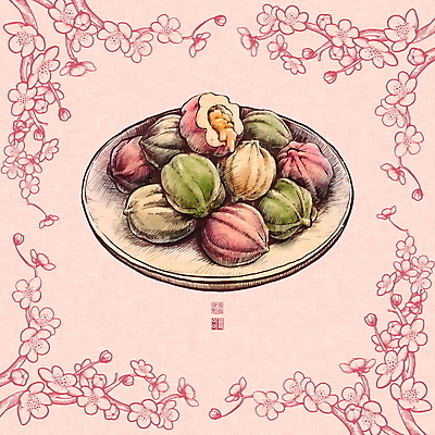 PSD 한국전통 접시 분홍색 일러스트 프레임 사람없음 도장 전통음식 나뭇가지 매화 낙관 꿀 보테니컬아트 꿀떡 국내일러스트 나무 전통 식기 꽃 음식 컬러 떡 한국 파일형식