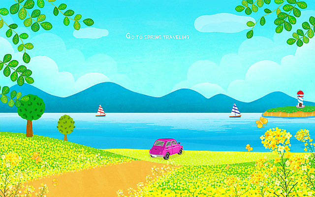 PSD 나무 구름 바다 하늘색 요트 일러스트 자동차 산 등대 사람없음 봄풍경 유채 자동차여행 유채밭 국내일러스트 자연요소 식물 꽃 육상교통 여행 밭 배_교통 풍경 파란색 봄 파일형식