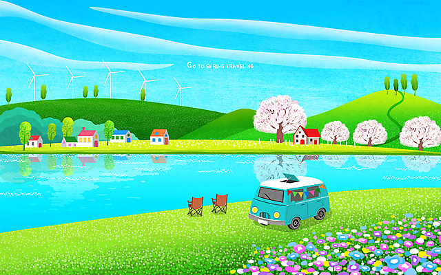 PSD 구름 꽃 호수 꽃밭 일러스트 자동차 하늘 산 주택 사람없음 초록색 파란색 봄풍경 봄 풍력에너지 벚나무 캠핑카 자동차여행 차박 캠핑의자 국내일러스트 자연요소 나무 식물 계절 육상교통 컬러 여행 의자 캠핑도구 풍경 건물 캠핑 벚꽃 그린에너지 파일형식