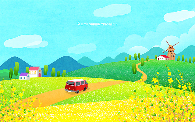 PSD 구름 하늘색 일러스트 하늘 산 주택 사람없음 노란색 봄풍경 풍차 유채 캠핑카 자동차여행 유채밭 차박 국내일러스트 자연요소 꽃 컬러 여행 밭 자동차 풍경 건물 파란색 봄 캠핑 파일형식
