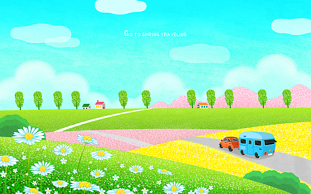 PSD 나무 구름 꽃 하늘색 꽃밭 일러스트 하늘 산 사람없음 건물 연두색 봄풍경 캠핑카 자동차여행 캠핑트레일러 차박 국내일러스트 자연요소 식물 건축물 여행 자동차 풍경 초록색 파란색 봄 캠핑 트레일러 파일형식