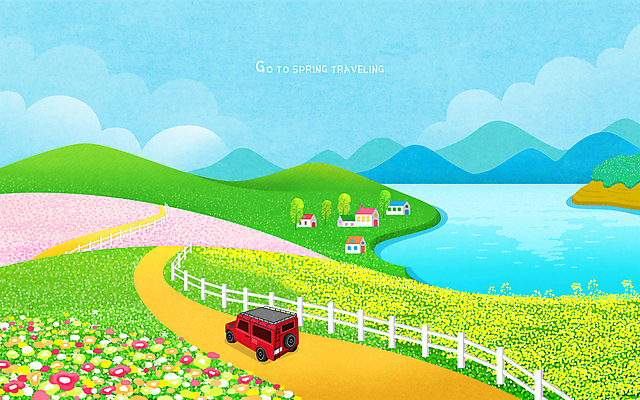 PSD 꽃 바다 꽃밭 일러스트 자동차 하늘 산 사람없음 건물 초록색 파란색 울타리 마을 봄풍경 유채 자동차여행 국내일러스트 식물 건축물 육상교통 컬러 여행 풍경 담장 봄 파일형식