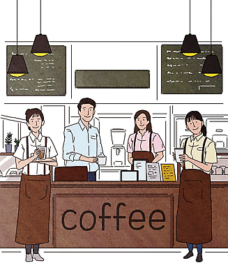 전신 PSD 여자 남자 커피 일러스트 전등 쟁반 서기 들기 여러명 상반신 성인 앞치마 카페 커피잔 사장 계산대 자영업 메뉴판 바리스타 아르바이트 테이크아웃컵 성인만 국내일러스트 직업 음료 다수 비즈니스 모션 조명 잔 사람 컵 상점 파일형식