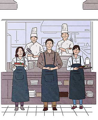 전신 PSD 접시 여자 남자 음식 일러스트 쟁반 요리 들기 여러명 상반신 성인 팔짱 주방 식당 레스토랑 주방장 요리사 앞치마 사장 자영업 뒤집개 아르바이트 성인만 국내일러스트 직업 식기 다수 비즈니스 모션 주방용품 사람 상점 파일형식