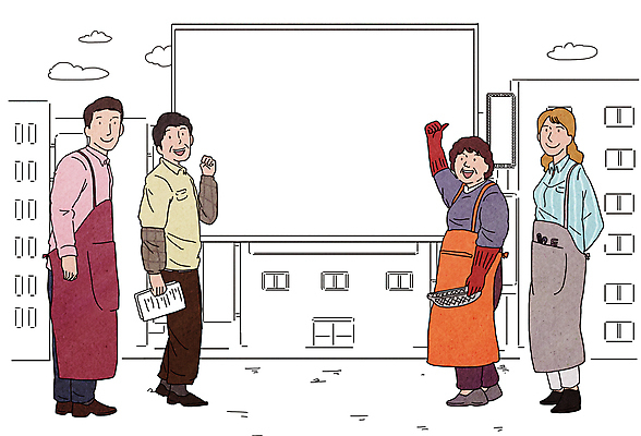 전신 PSD 여자 남자 일러스트 간판 서기 들기 여러명 성인 건물 경제 손들기 바구니 파이팅 앞치마 주먹 최고 미용사 상인 문서 자영업 고무장갑 팔토시 성인만 소상공인 국내일러스트 직업 건축물 장갑 다수 비즈니스 모션 사람 고무 토시 파일형식