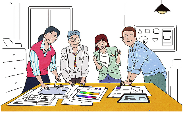 전신 PSD 여자 남자 종이 일러스트 창문 회의 전등 아이디어 여러명 상반신 성인 책 사무실 파이팅 자료 디자이너 책상 성인만 국내일러스트 직업 가구 다수 컨셉 비즈니스 모션 조명 사람 파일형식