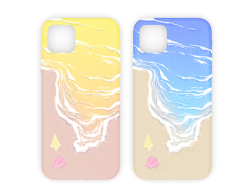 PSD 파도 바다 일러스트 조개 해변 사람없음 파란색 모래사장 노란색 조개껍데기 소라 스마트폰케이스 국내일러스트 컬러 어패류 스마트폰 파일형식