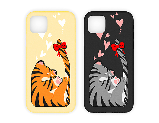 PSD 리본 두마리 일러스트 사람없음 눕기 노란색 검은색 하트 호랑이 웅크림 흑호 스마트폰케이스 국내일러스트 모양 컬러 2 포유류 모션 스마트폰 파일형식